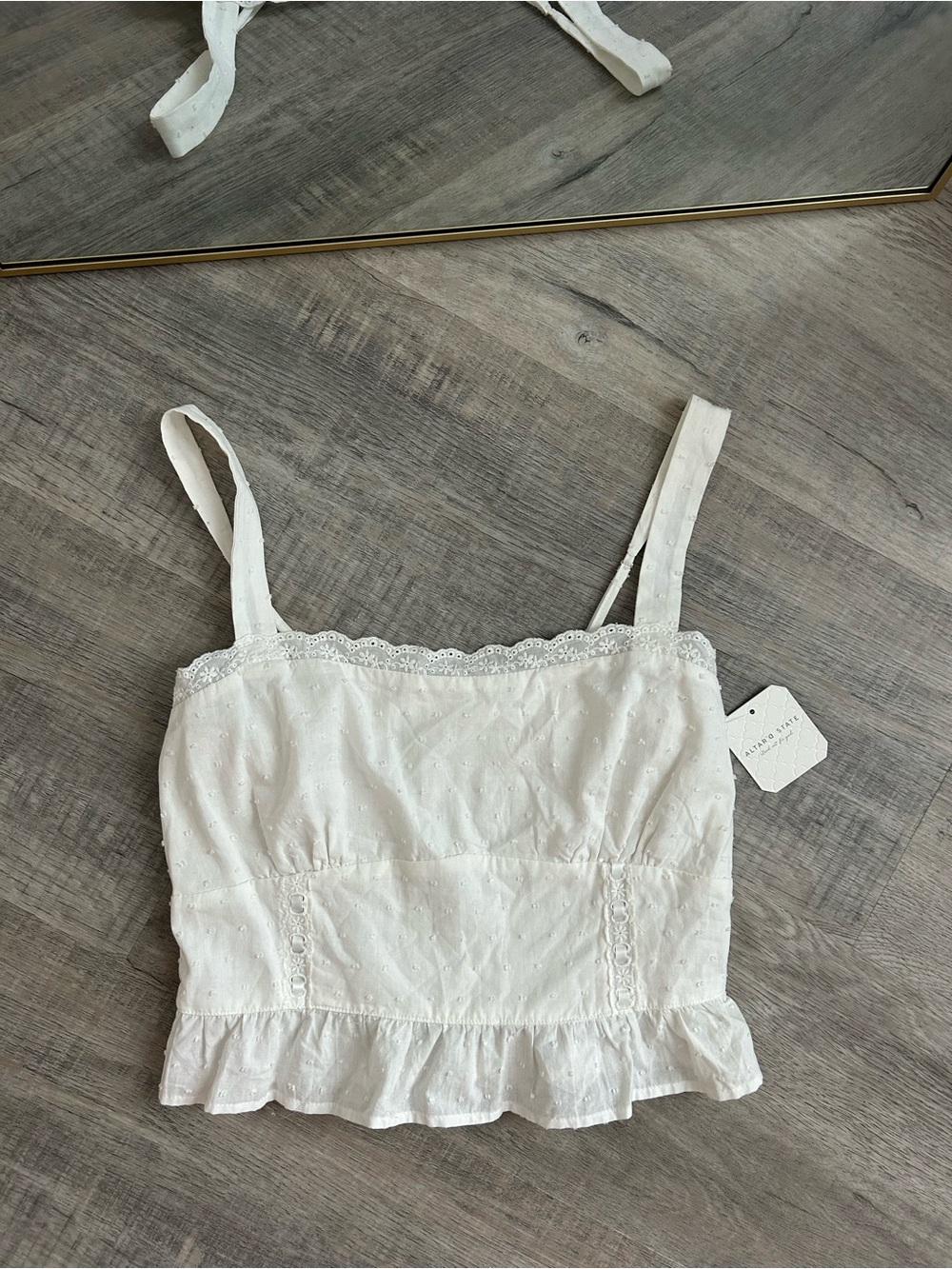 Altar'd State White Eyelet Babydoll Cami Top Lace Ruffle Peplum NWT Medium